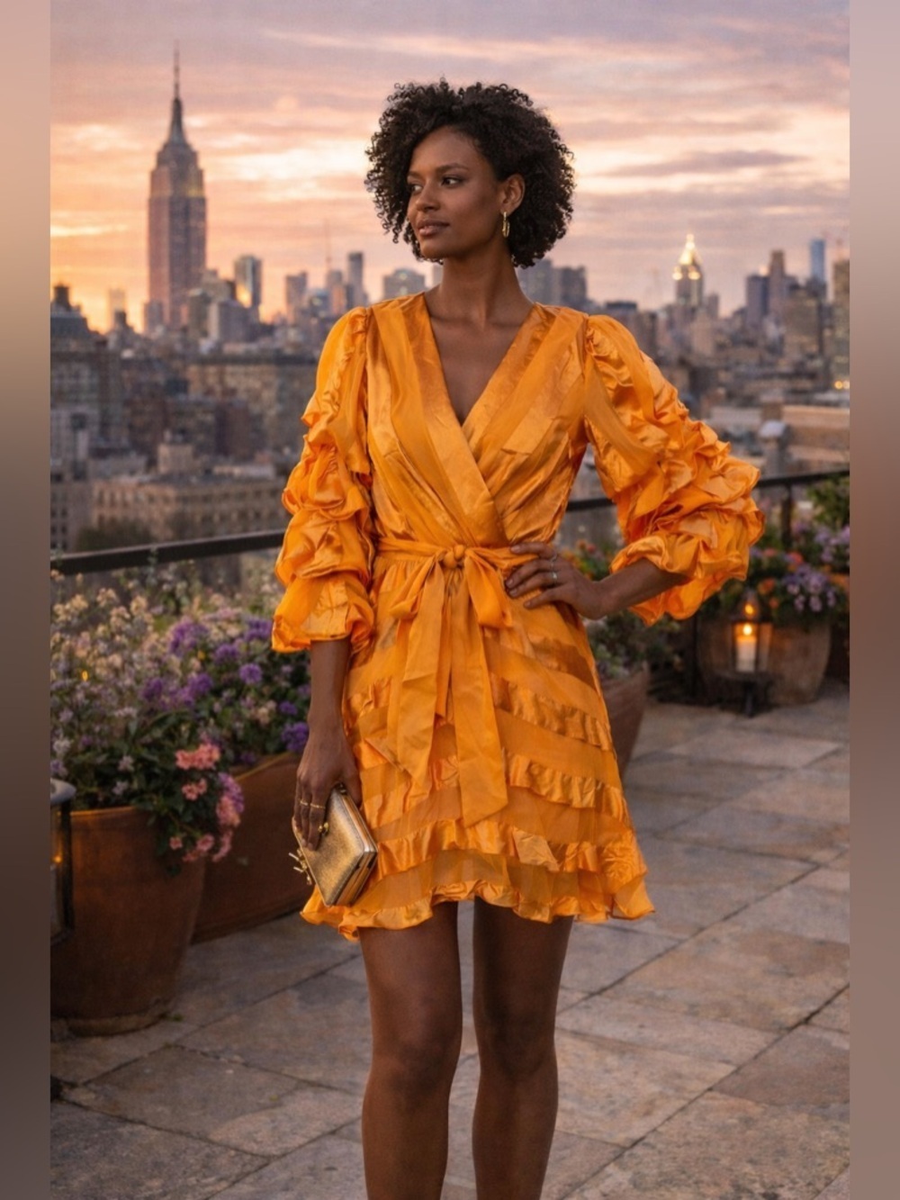 Alice + Olivia Orange Ruffle Sleeve Wrap Mini Dress SZ 6 Cocktail